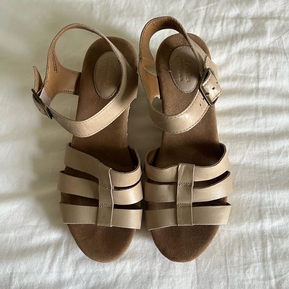 Clarks Tan Sandals with Cage Design and Ankle Strap